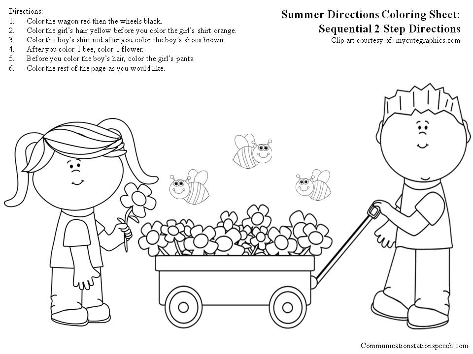 Summer Directions Coloring Sheet Sequential 2 step directions